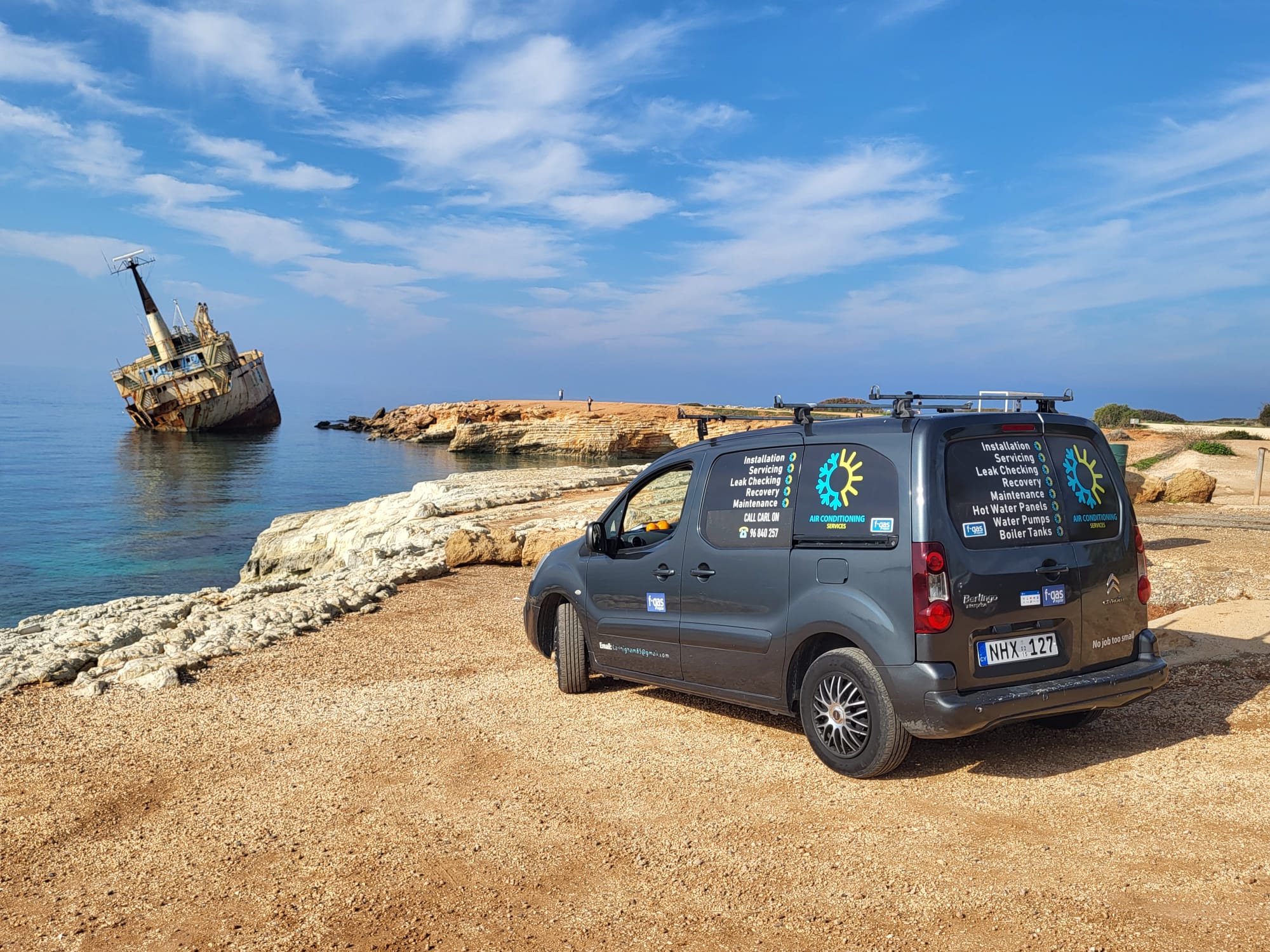 Aircon Cyprus service van parked on the Paphos coastline near the Edro III shipwreck